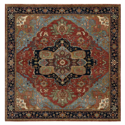 8'1"X8'1" Red Antiqued Fine Heris Recreation Wool Hand Knotted Square Rug