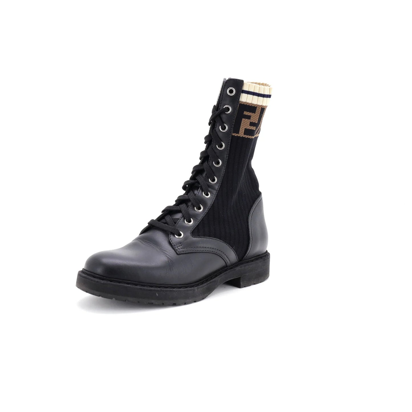Fendi Women'S Rockoko Combat Boots Leather With Knit Stretch Fabric And Zucca
