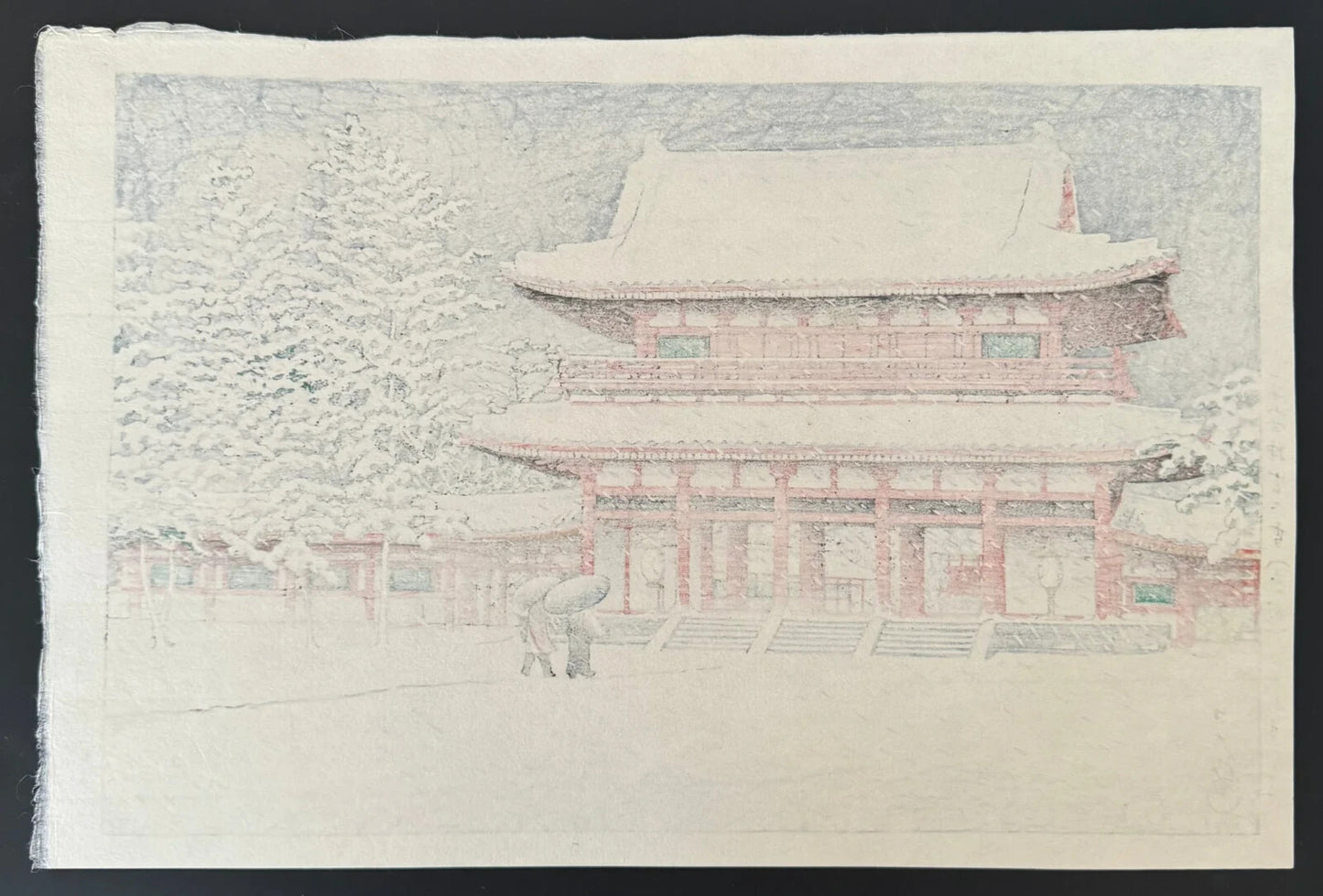 Shrine" Kawase Hasui Japanese Woodblock Print Authentic "Snow at Heian