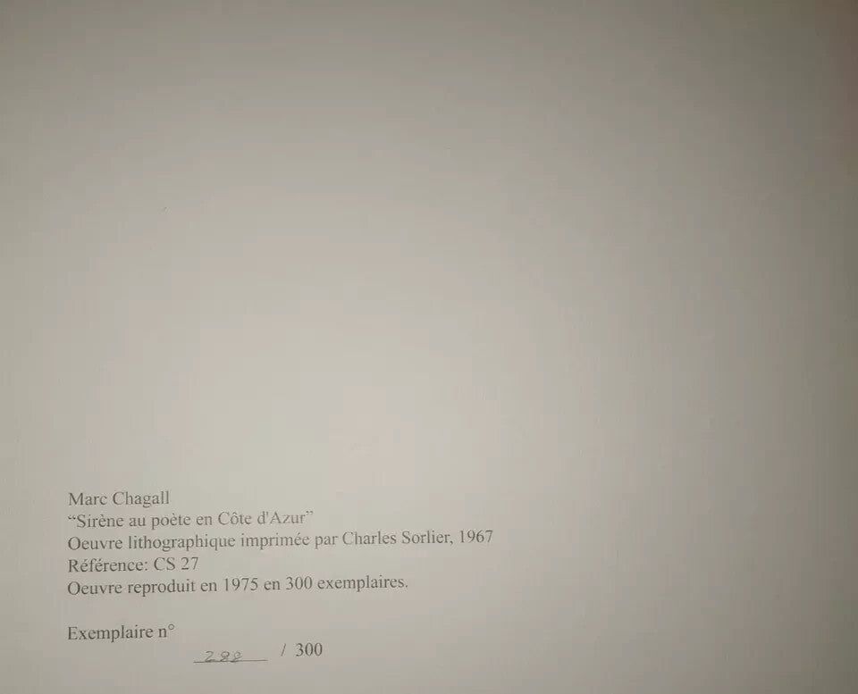 Marc Chagall Numbered Coa Lithograph Published Signed Sorlier