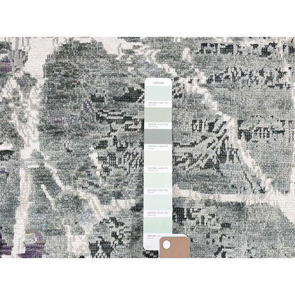 Rug 7'7"x10'1" Gray Hand Knotted Broken Zoroastrian Design Silk with Wool