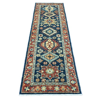 2'7"X8' Yale Blue Peshawar Karjihooz Design Wool Hand Knotted Runner Rug