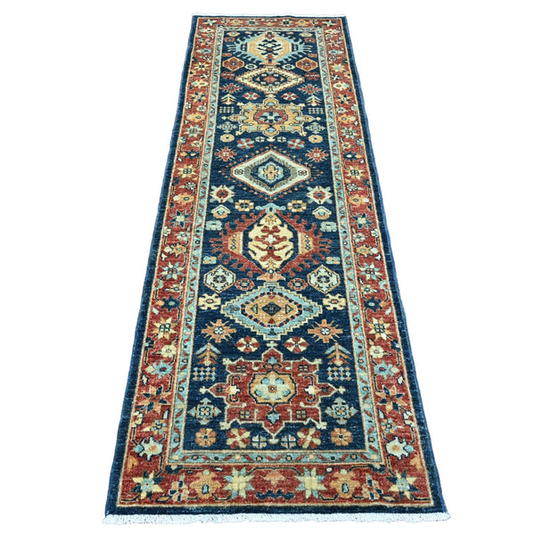 2'7"X8' Yale Blue Peshawar Karjihooz Design Wool Hand Knotted Runner Rug