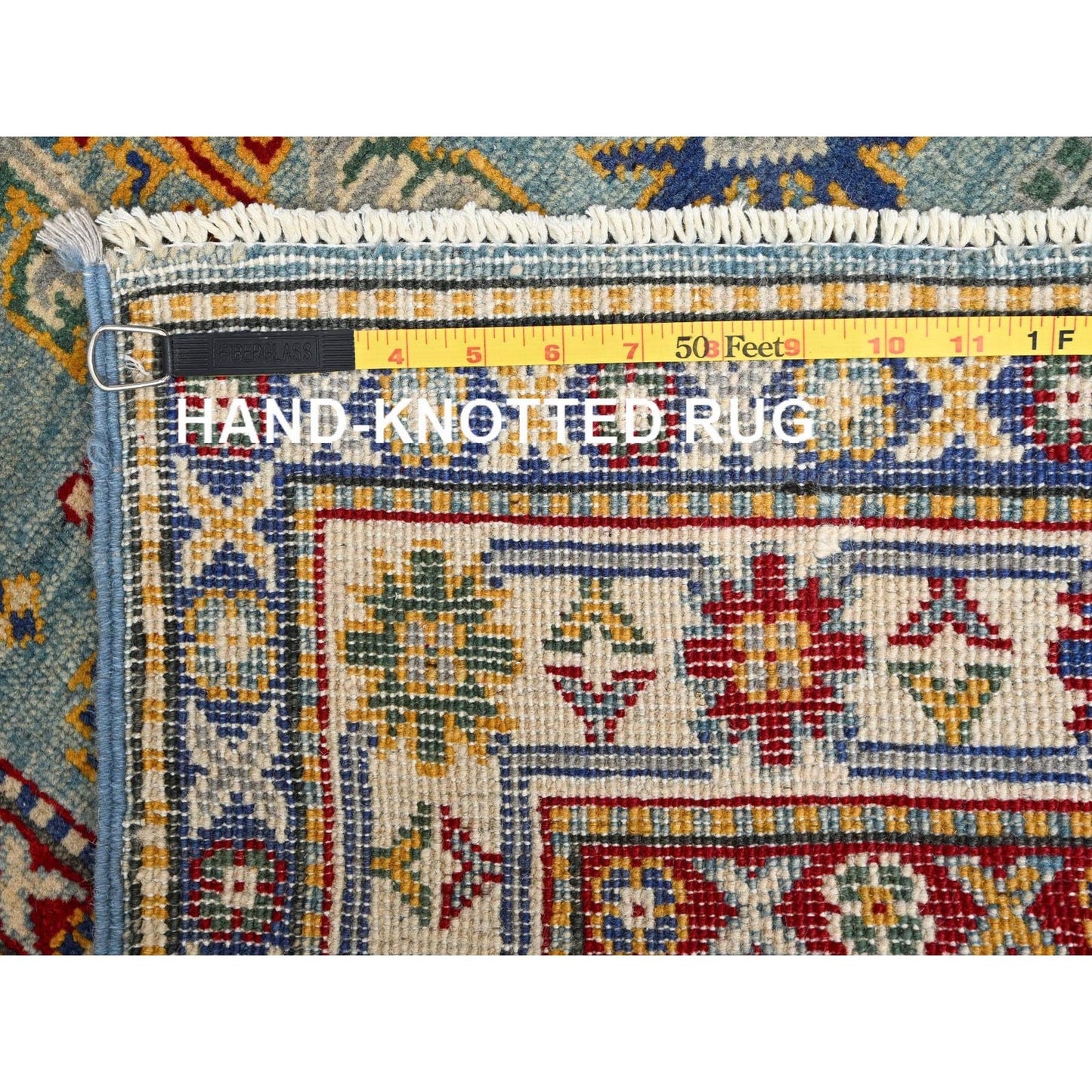 2'9"X12'3" Blue Kazak With Geometric Design Hand Knotted Rug Wool Runner