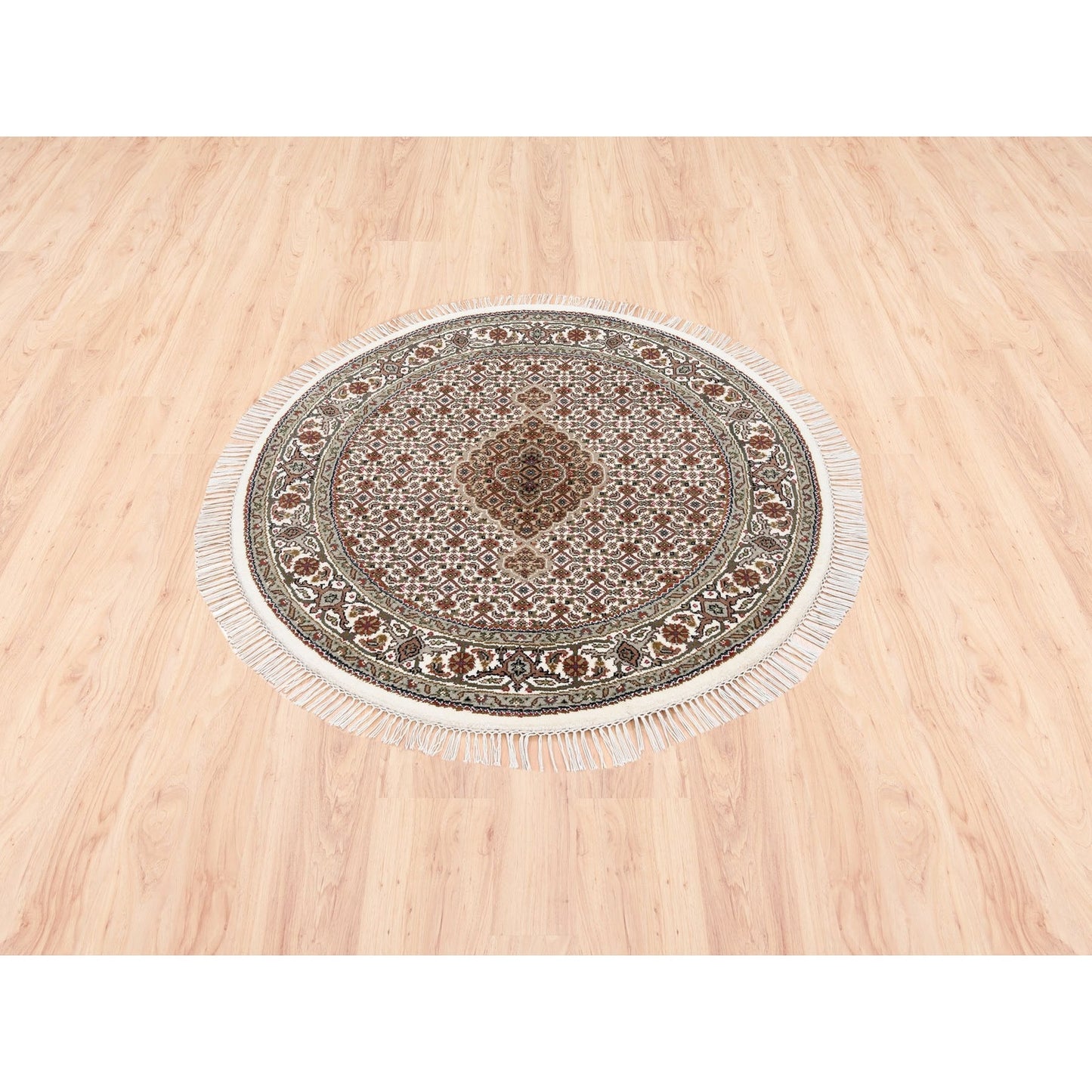 4'X4' Hand Knotted Wool-Silk Fish Medallion Design Tebraz Mahi Rug