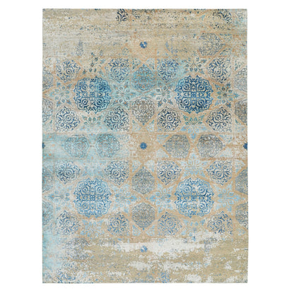 8'10"X12' Gray Snowflake Silk With Textured Wool Oriental Rug