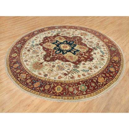 10'X10' Ivory Heris Re-Creation Hand Knotted Wool Round Oriental Rug