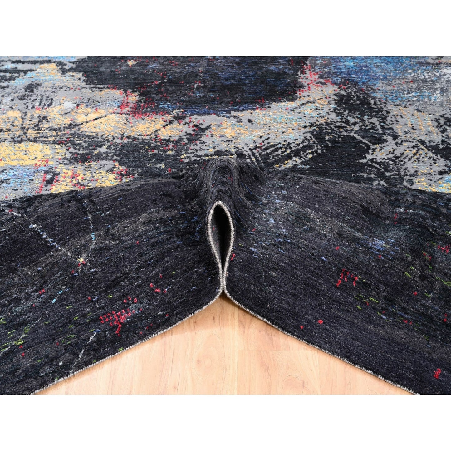 8'X10' Charcoal Black With Pop Of Colors Modern Wool-Silk Handknotted Rug