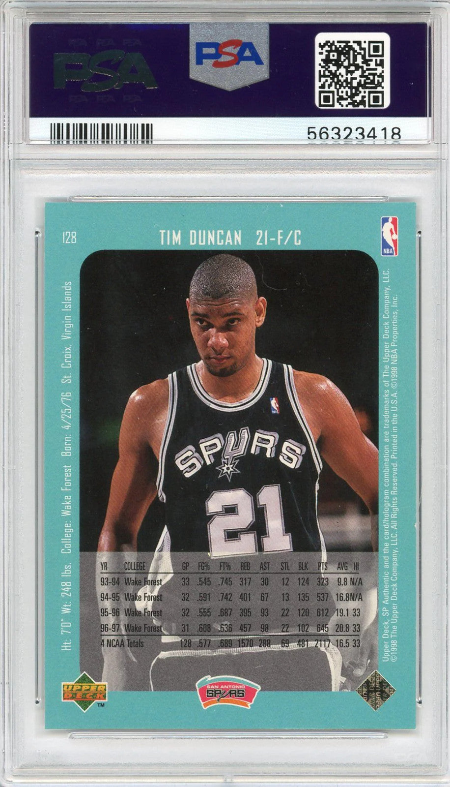 Tim Duncan 1997 Upper Deck Sp Card #128 (Psa)