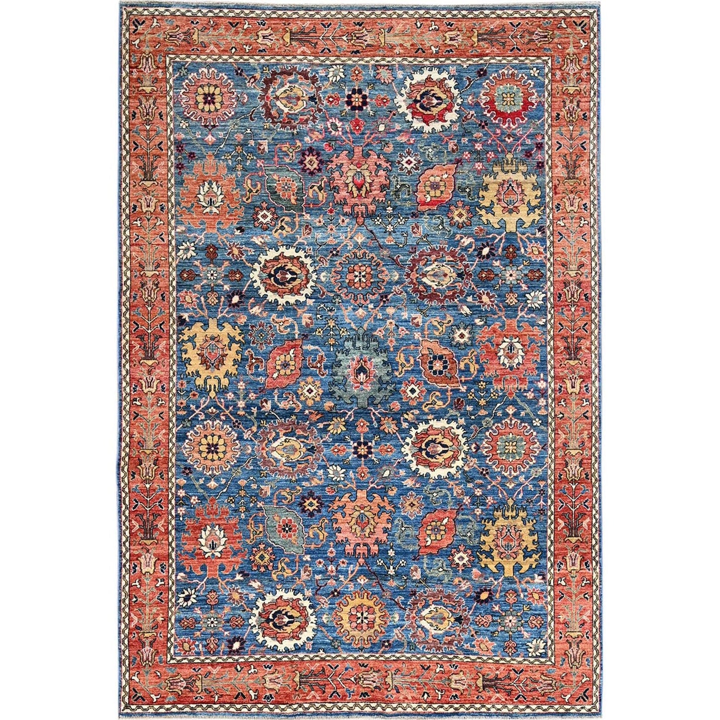 6'2"X9' Blue Aryana Grade All Over Design Pure Wool Hand Knotted Rug