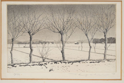 Tanaka Ryohei Rice Ear Landscape Aquatint Print Framed with Autograph