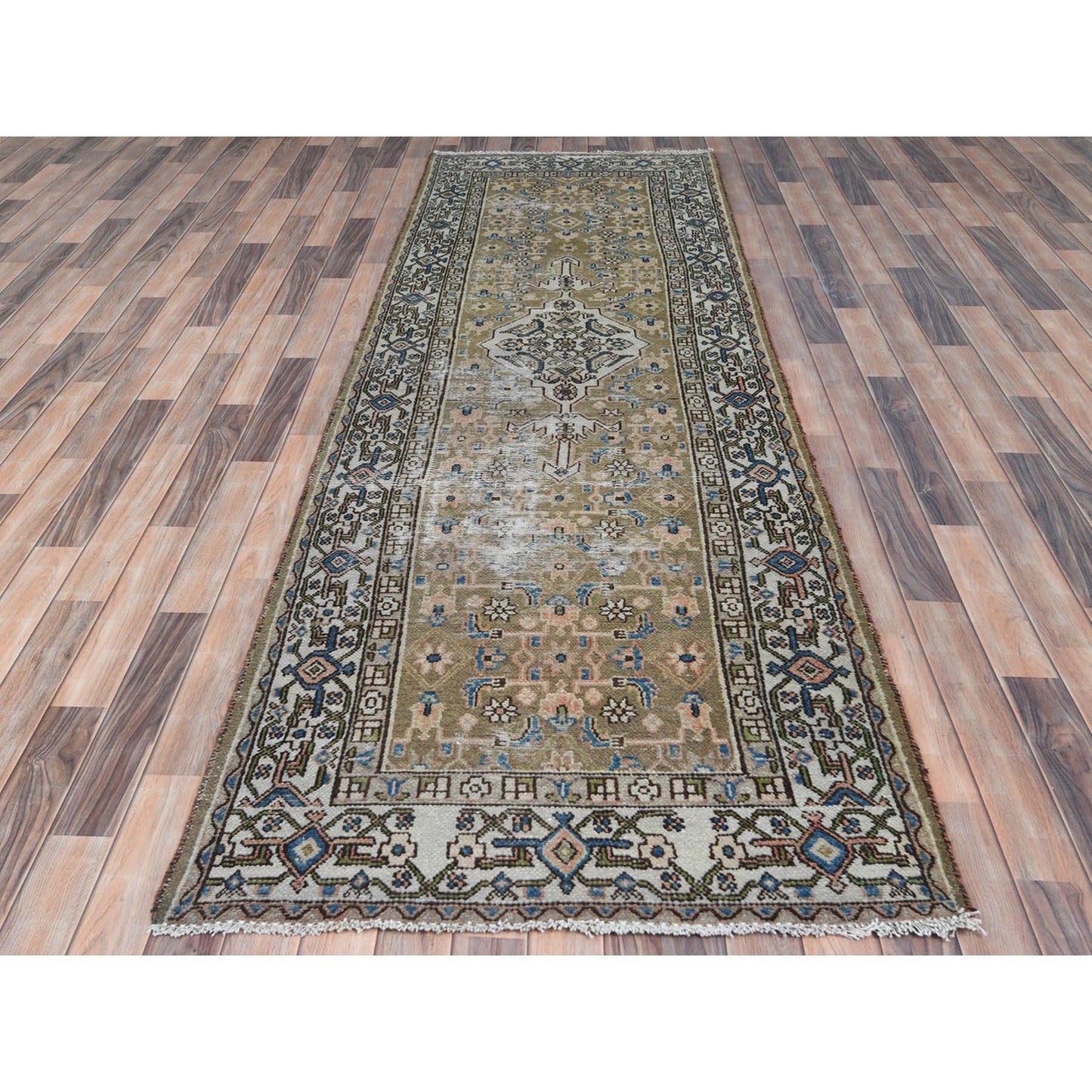 Green Worn Wool Hand Knotted Vintage Farsian Amadan Wide Runner Rug