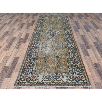 Green Worn Wool Hand Knotted Vintage Farsian Amadan Wide Runner Rug