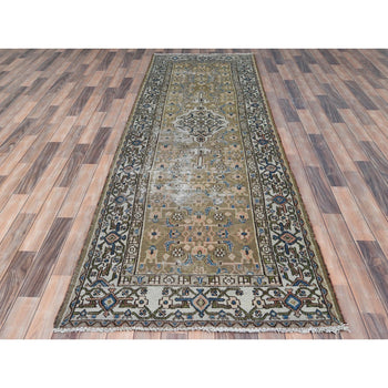 Green Worn Wool Hand Knotted Vintage Farsian Amadan Wide Runner Rug