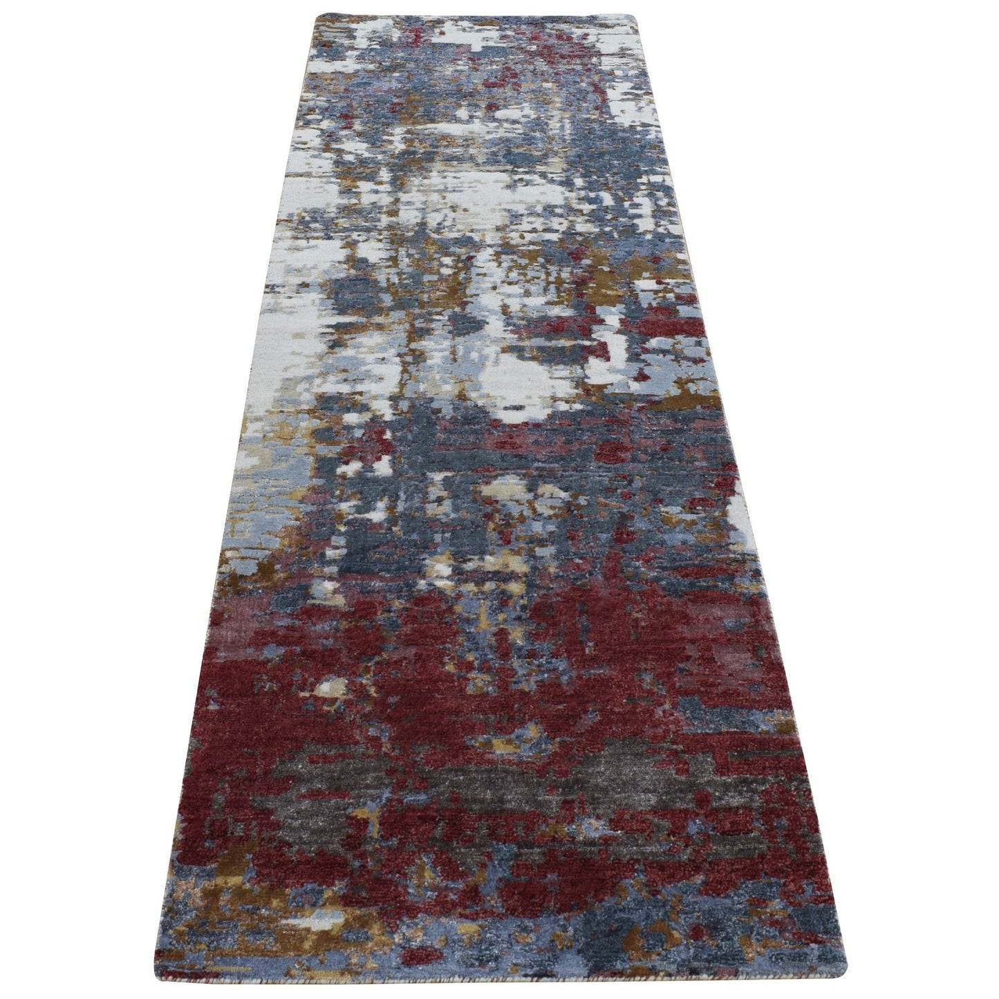 2'7"x8'1" Red Wool and Silk Abstract Design Hand Knotted Runner Rug