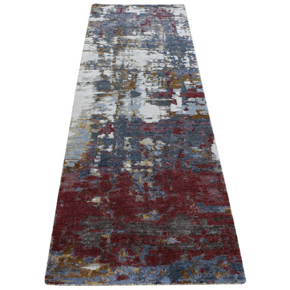 2'7"x8'1" Red Wool and Silk Abstract Design Hand Knotted Runner Rug