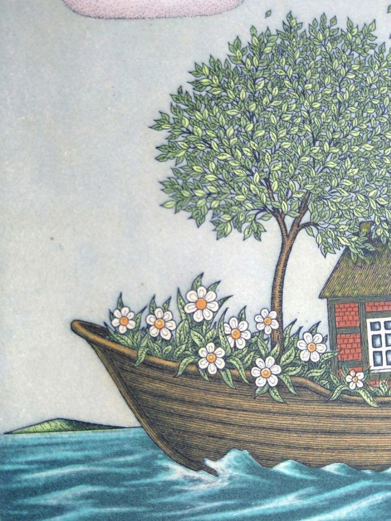 Volker Khn Etching Floating House On Boat Signed 204/300 Framed German Art