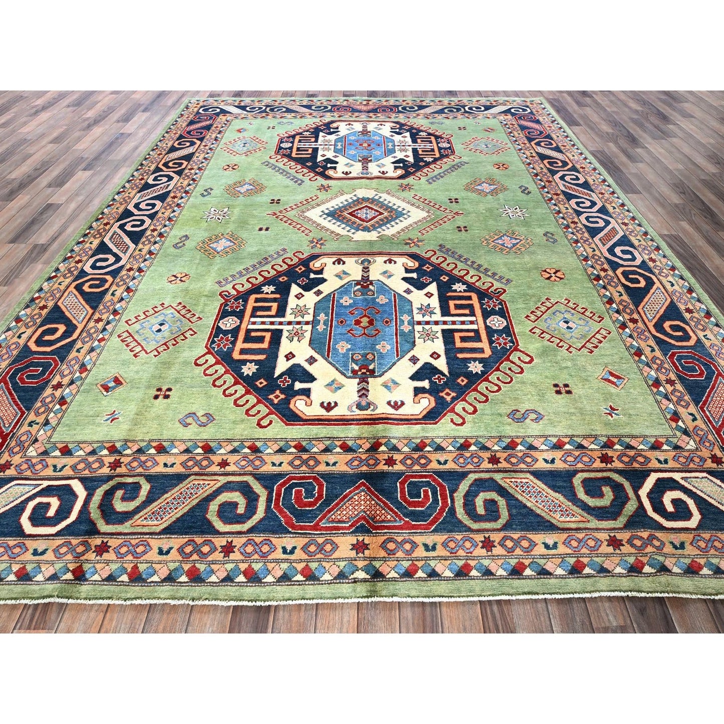 9'2"X11'7" Green Special Kazak Geometric Design Hand Knotted Pure Wool Rug