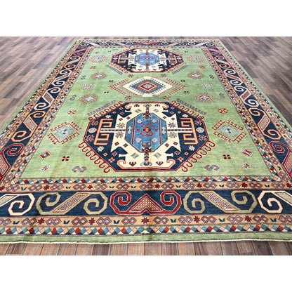9'2"X11'7" Green Special Kazak Geometric Design Hand Knotted Pure Wool Rug
