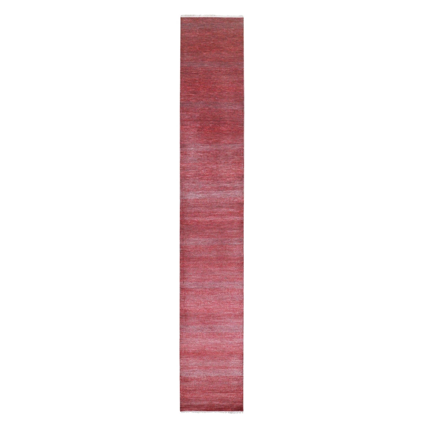 2'6"X16'3" Red Modern Grass Design Hand Knotted Wool And Silk Runner Rug