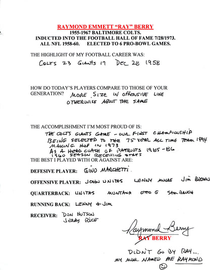 Raymond Berry Autographed Hand Filled Out Survey Page (Jsa)