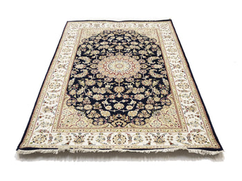 Indo-Nain Black Oriental Rug Floral Medallion