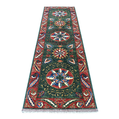 2'9"X9'7" Hand Knotted Green Afghan Turkoman Ersari Tribal Design Rug