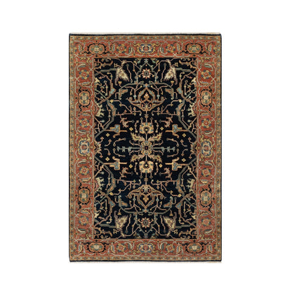 4'2"X6'3" Oxford Blue Heris Re-Creation Hand Knotted Wool Oriental Rug