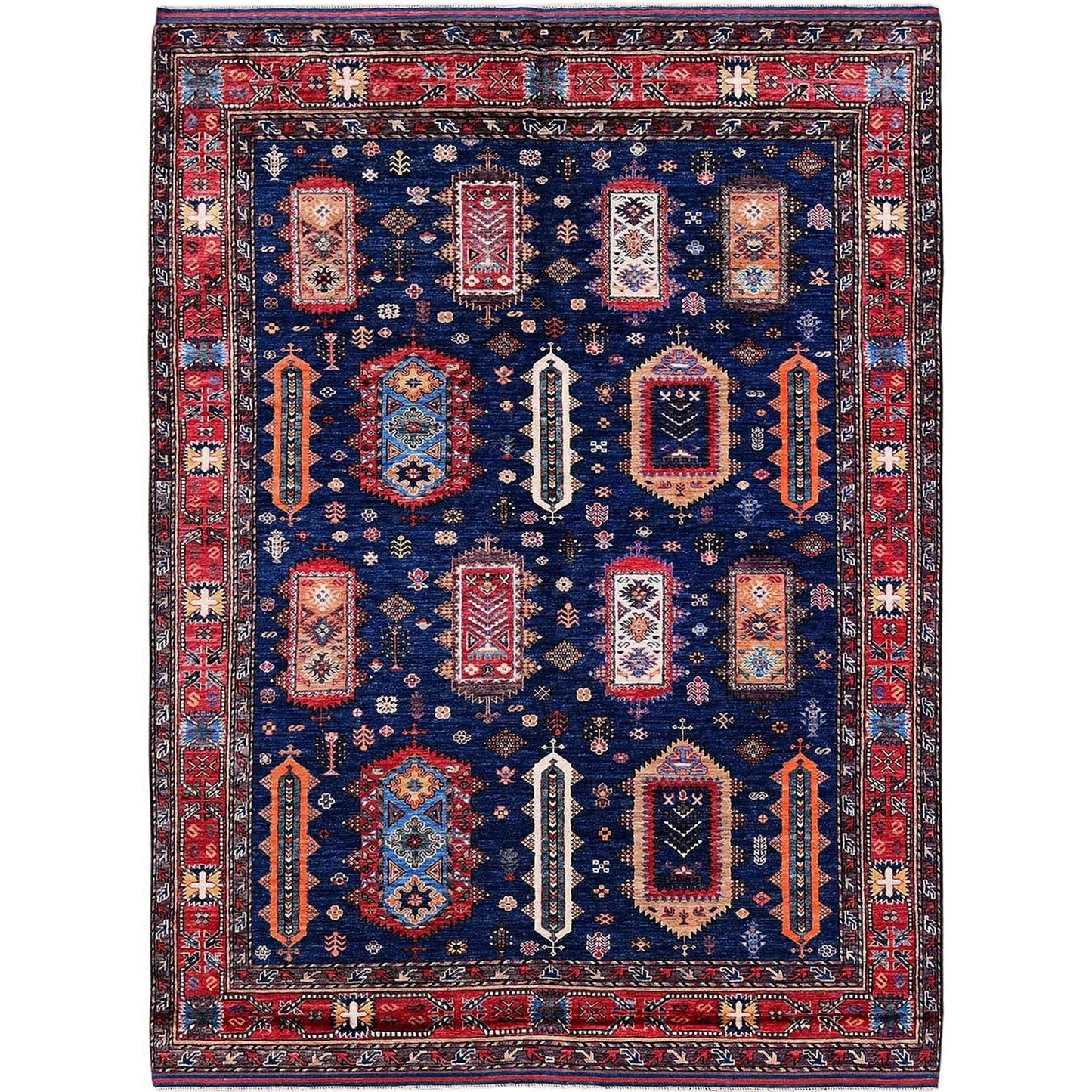 6'4"X8'9" Blue Afghan Ersari Caucasian Design Revival Wool Hand Knotted Rug