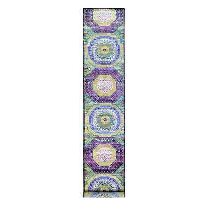 3'1"X17'4" Green Mamluk Design Silk With Wool Hand Knotted Xl Runner Rug