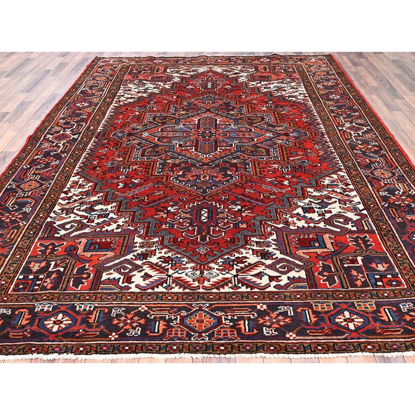 8'1"X11'1" Red Semi Antique Zoroastrian Heris Worn Wool Hand Knotted Rug