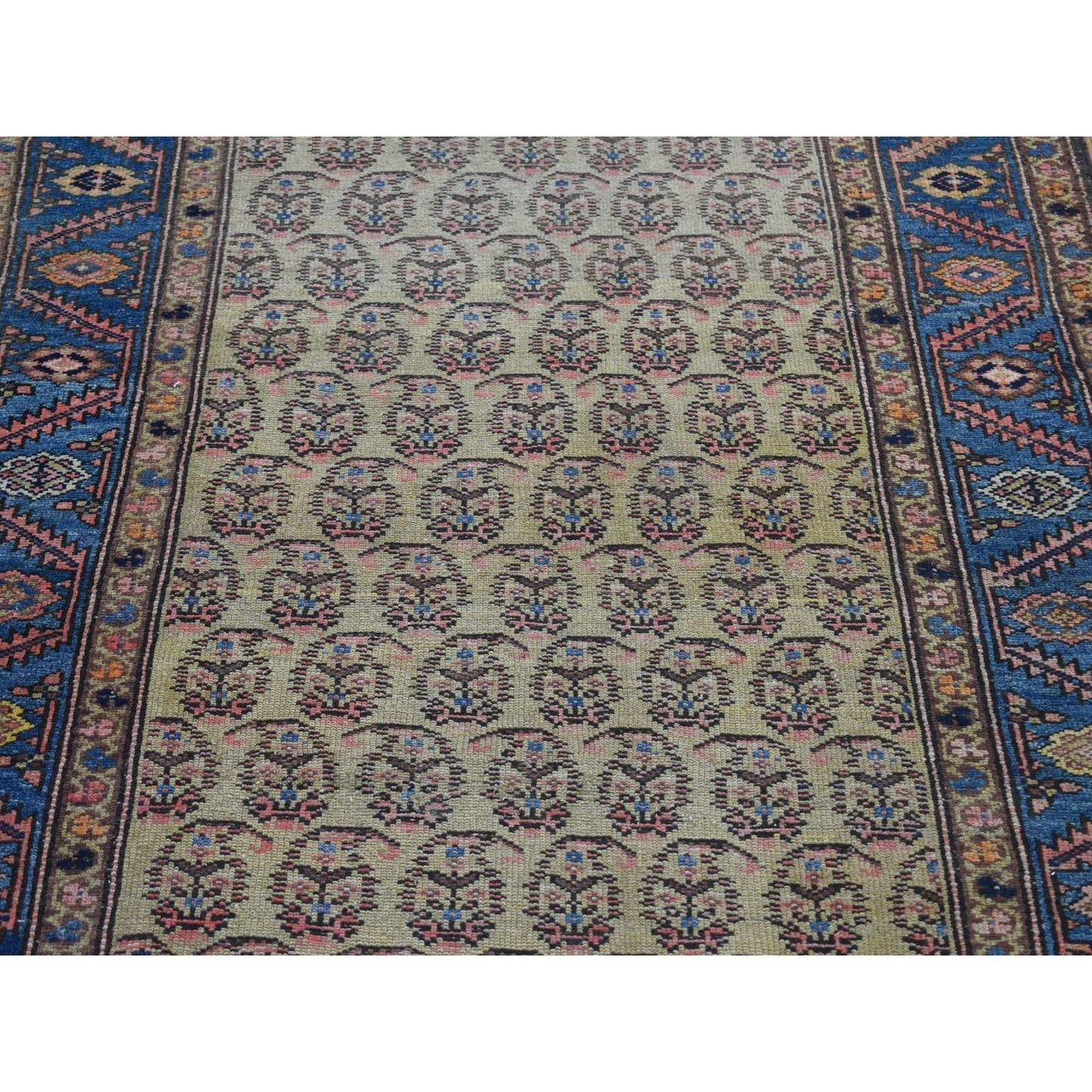 4'X10'3" Yellow Antique Farsian Bookshaish Wool Hand Knotted Runner Rug