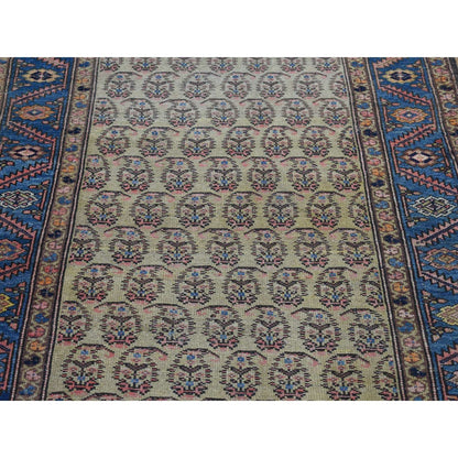 4'X10'3" Yellow Antique Farsian Bookshaish Wool Hand Knotted Runner Rug