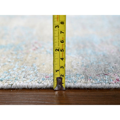 9'X12' Pastel Yellow Abstract Design Wool And Silk Shiny Hand Knotted Rug