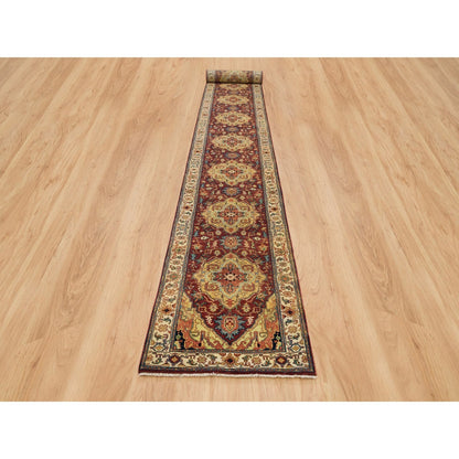 2'7"X22' Red Hand Knotted Heris Re-Creation Soft Wool Xl Runner Rug
