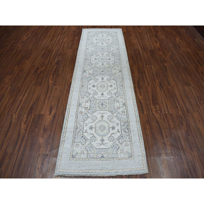 2'9"X9'2" White Wash Peshawar Pure Wool Runner Handmade Oriental Rug