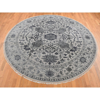 10'X10' Gray Heris Design Wool And Silk Hand Knotted Round Rug