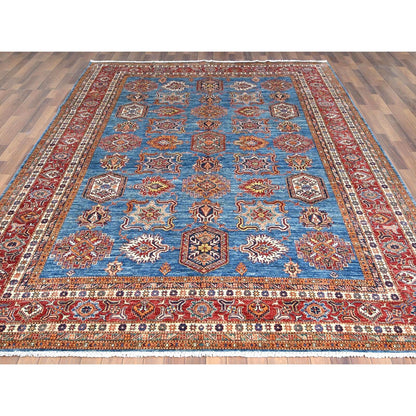 9'2"X11'10" Denim Blue Caucasian Design Super Kazak Wool Hand Knotted Rug