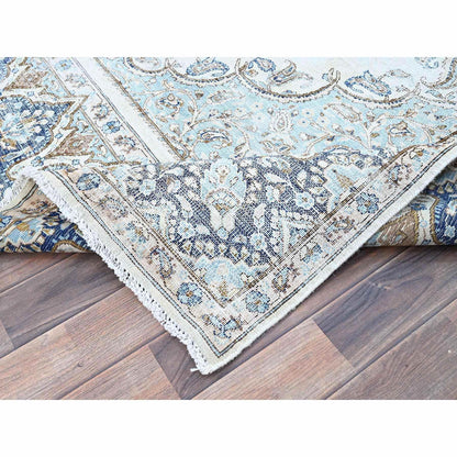 7'2"X10'1" Blue Vintage Zoroastrian Karman Worn Down Wool Hand Knotted Rug