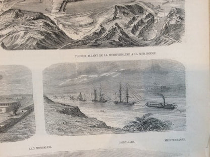 1867 Paris Exposition Wood Engraving Suez Canal Construction Panorama Original