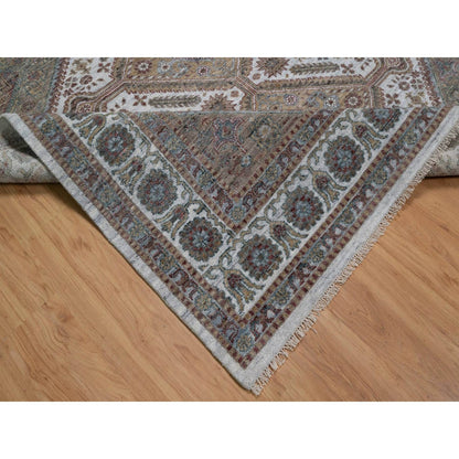 8'X10' Ivory Wool Rug Unique Flower Rosettes Border Design Hand Knotted