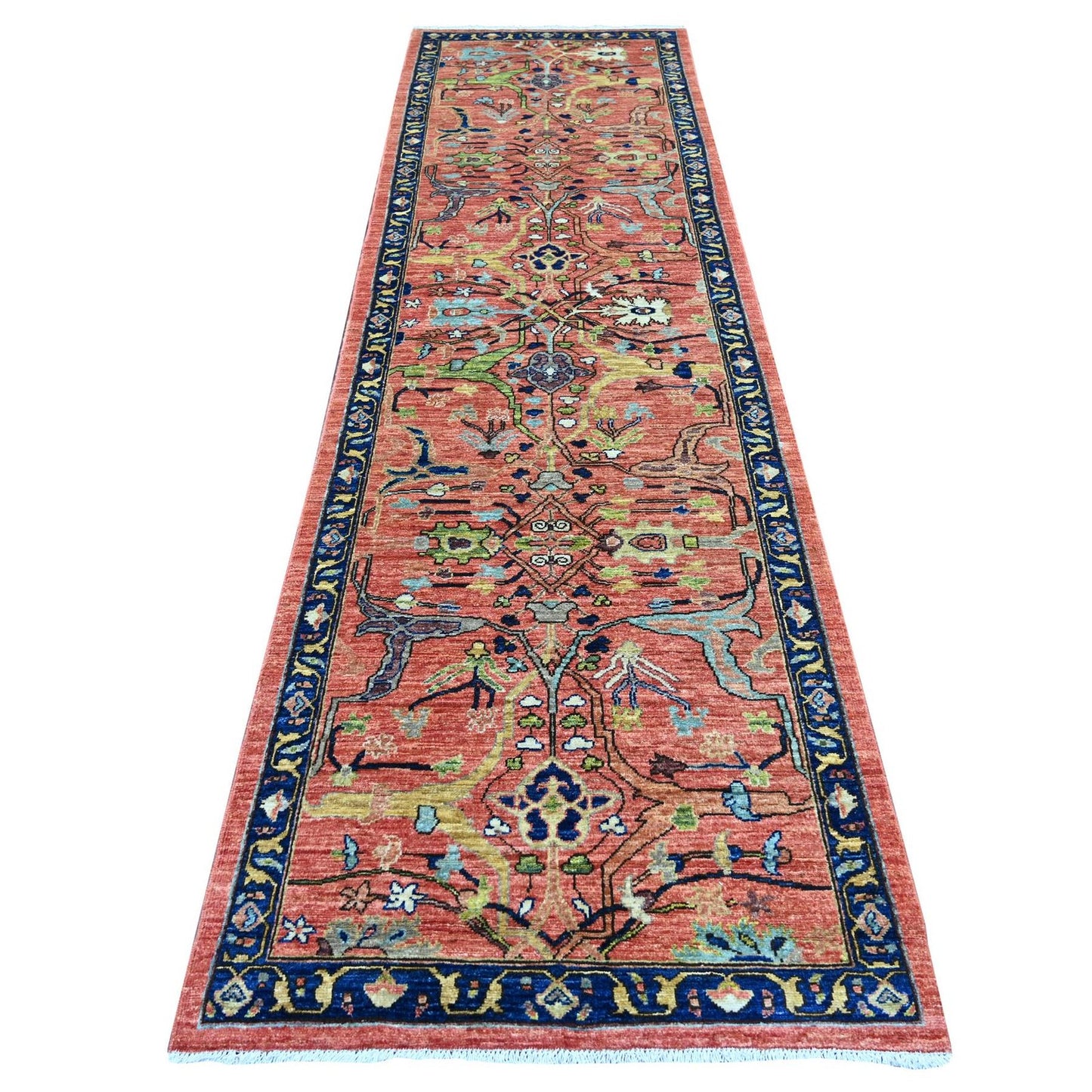 3'2"x11'6" Red Peshawar Bijar Garus Design Hand Knotted Wool Runner Rug