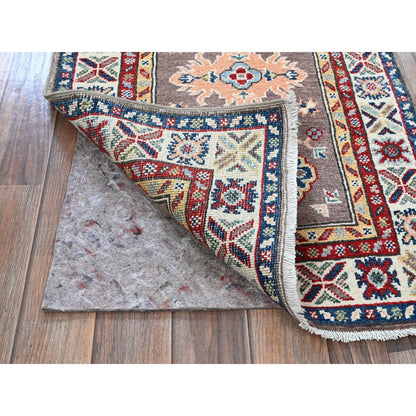 2'X6'5" Gray Kazak With Tribal Design Soft Wool Hand Knotted Runner Rug