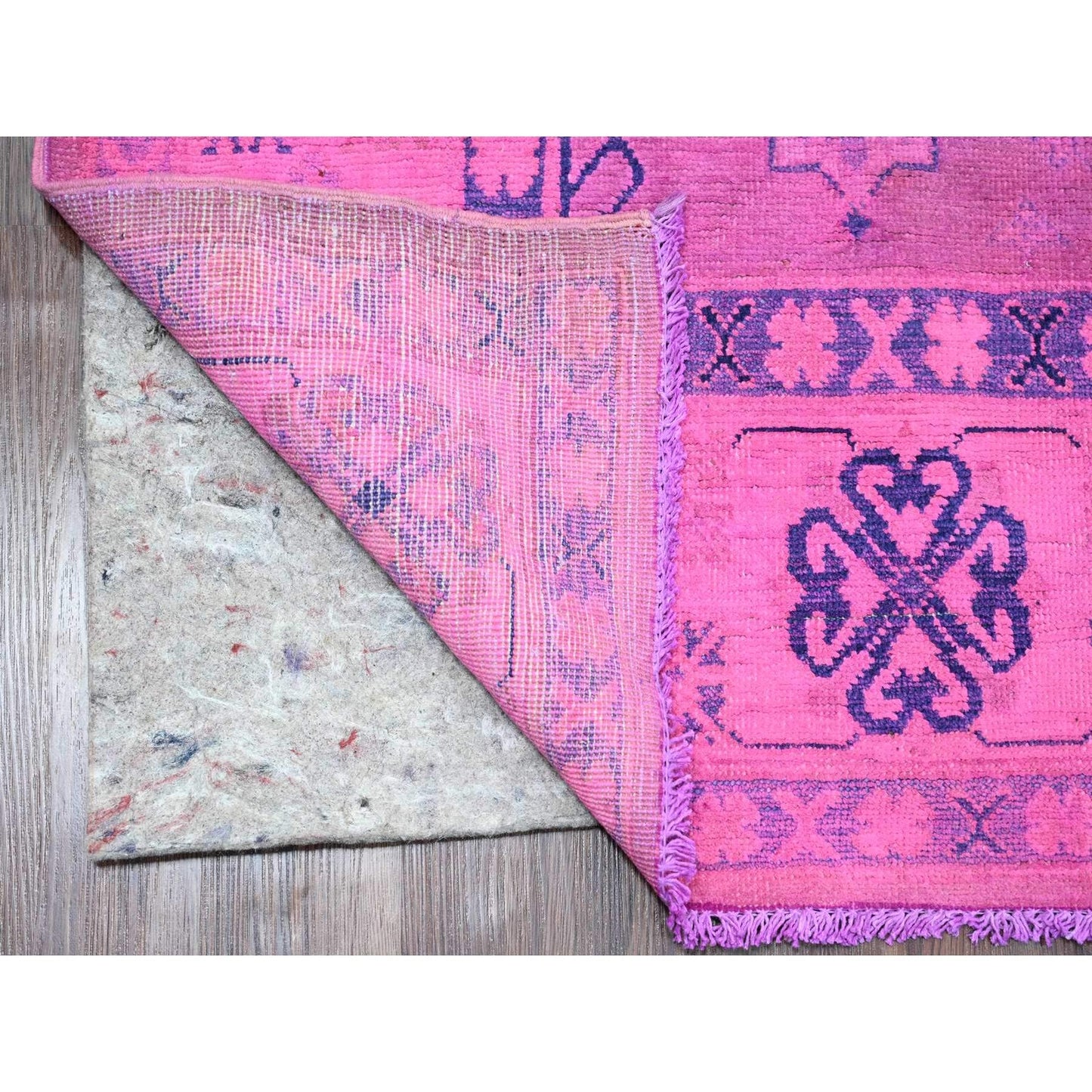 5'10"X9'1" Fuscia Pink Hand Knotted Overdyed Kazak Star Design Wool Rug