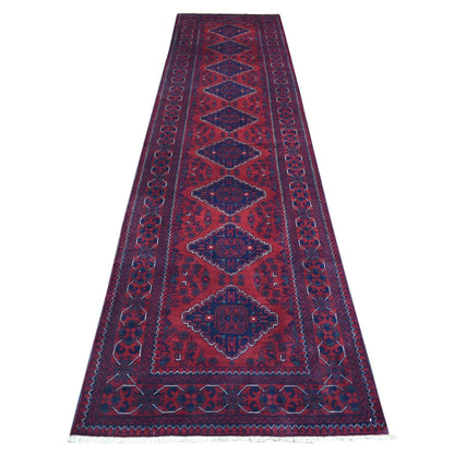 3'X12'8" Deep Red Afghan Khamyab Velvety Wool Hand Knotted Runner Rug