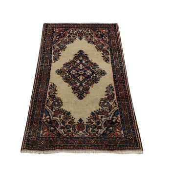 2'X4' Ivory Antique Sarouk Mat Hand Knotted Wool Open Field Medallion Rug