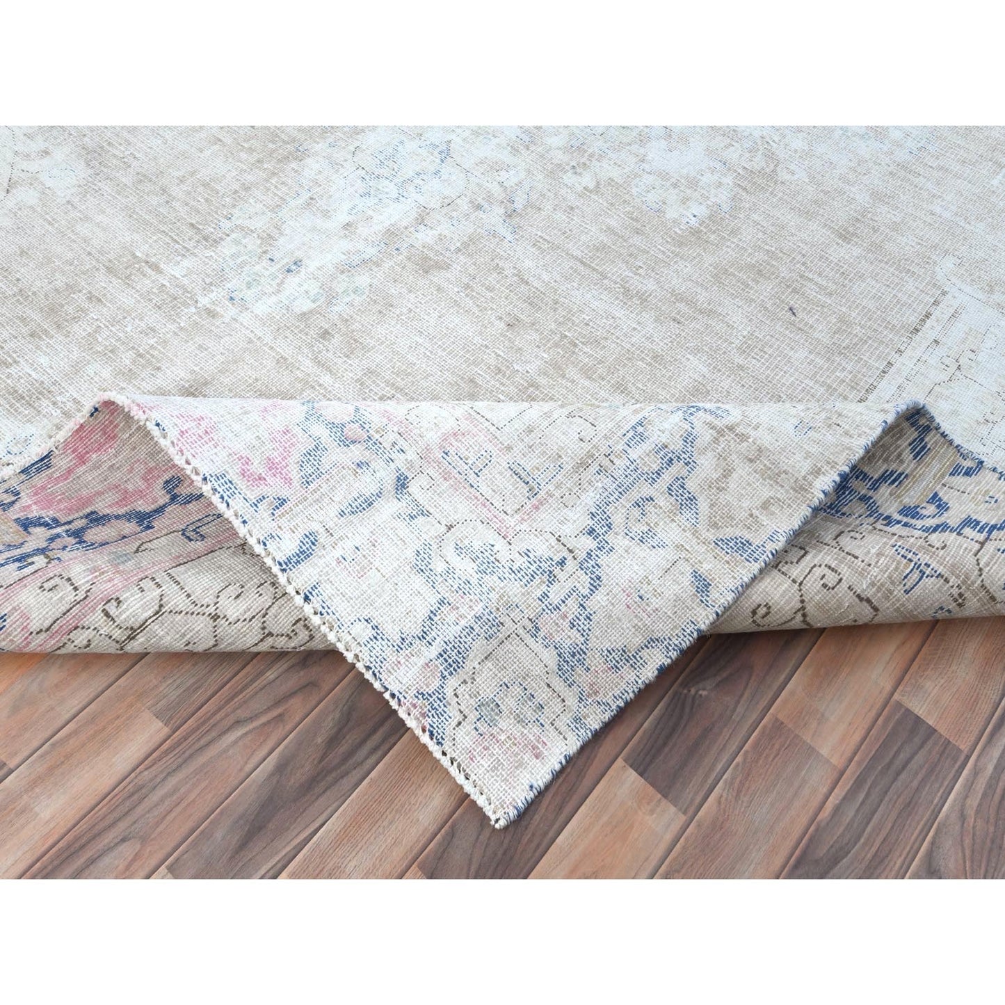 8'7"X12' Beige Hand Knotted Wool Distressed Vintage Farsian Karman Rug