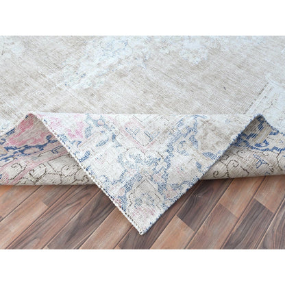 8'7"X12' Beige Hand Knotted Wool Distressed Vintage Farsian Karman Rug