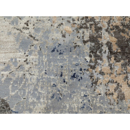 2'9"X9'8" Gray Abstract Design Wool And Silk Runner Hand Knotted Rug