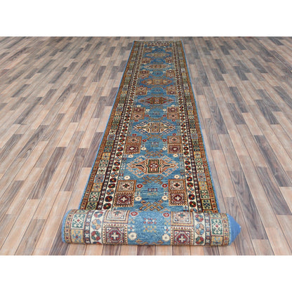 3'X24'5" Blue Pure Wool Hand Knotted Afghan Super Kazak Xl Runner Rug
